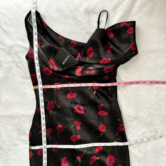 NICHOLAS Finley Silk Asymmetrical Draped Black Poppy Floral Midi Dress--4 - Picture 16 of 16